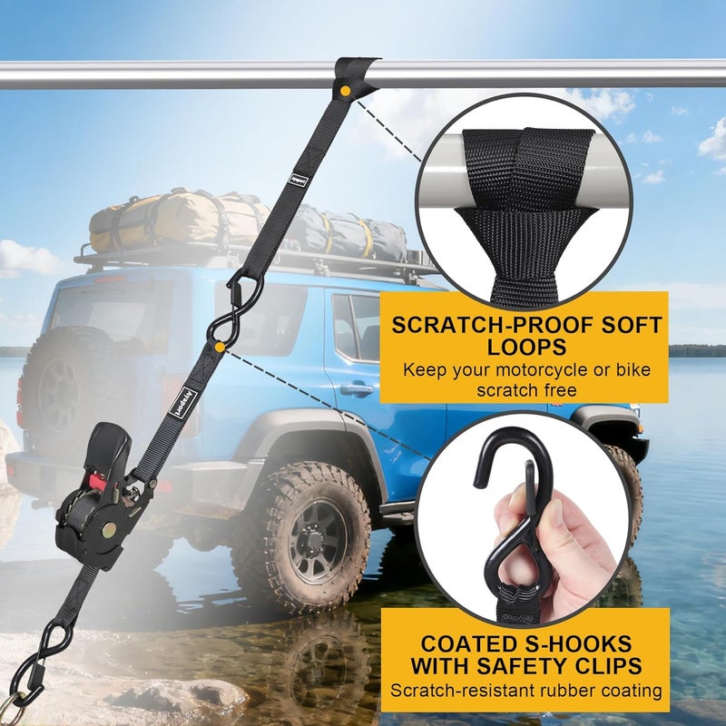 Ayaport Retractable Ratchet Straps 1in x 12.5ft – Heavy Duty 1200lbs Break Strength Ratchet Straps Self Retractable Tie Down with S Hooks for Motorcycles, Dirt Bikes, Atvs, Trucks, Cargo, Trailers - Image 5
